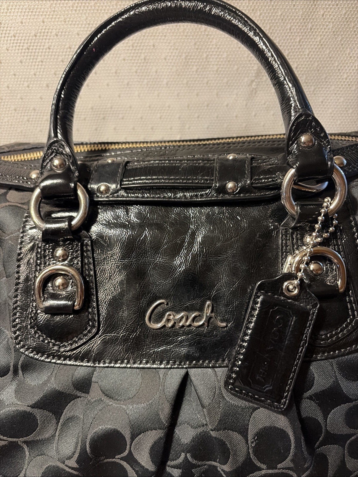 Coach Ashley Signature Sateen Large Satchel Black Canvas Leather Bag F15440 Nice