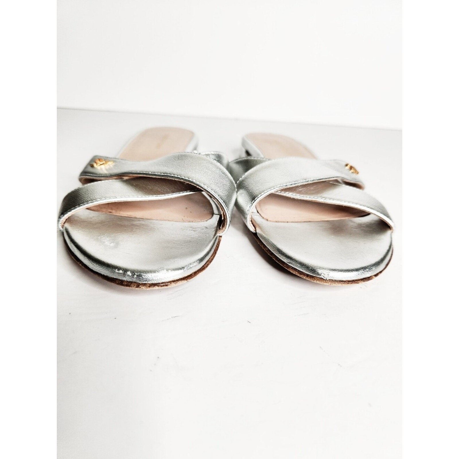 Stuart Weitzman Lunaria PYB Metallic Silver Nappa Leather Sandals Women Size 8.5