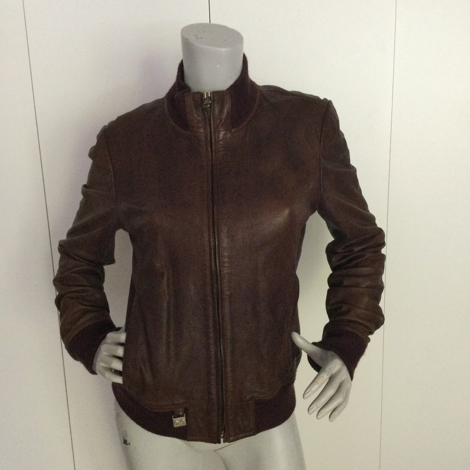 D&G Dolce & Gabbana Brown Leather Bomber Jacket Size IT 44