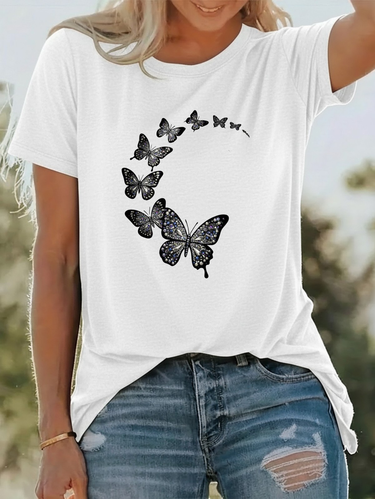 Women’s Butterfly Print T-shirt Fashion Short Sleeve T-Shirt Party Pullover Top❀