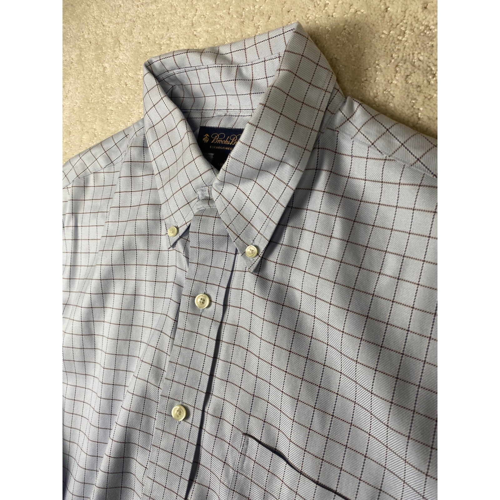 Brooks Brothers Shirt Mens L Blue Check Supima Cotton Non Iron Spots Noted