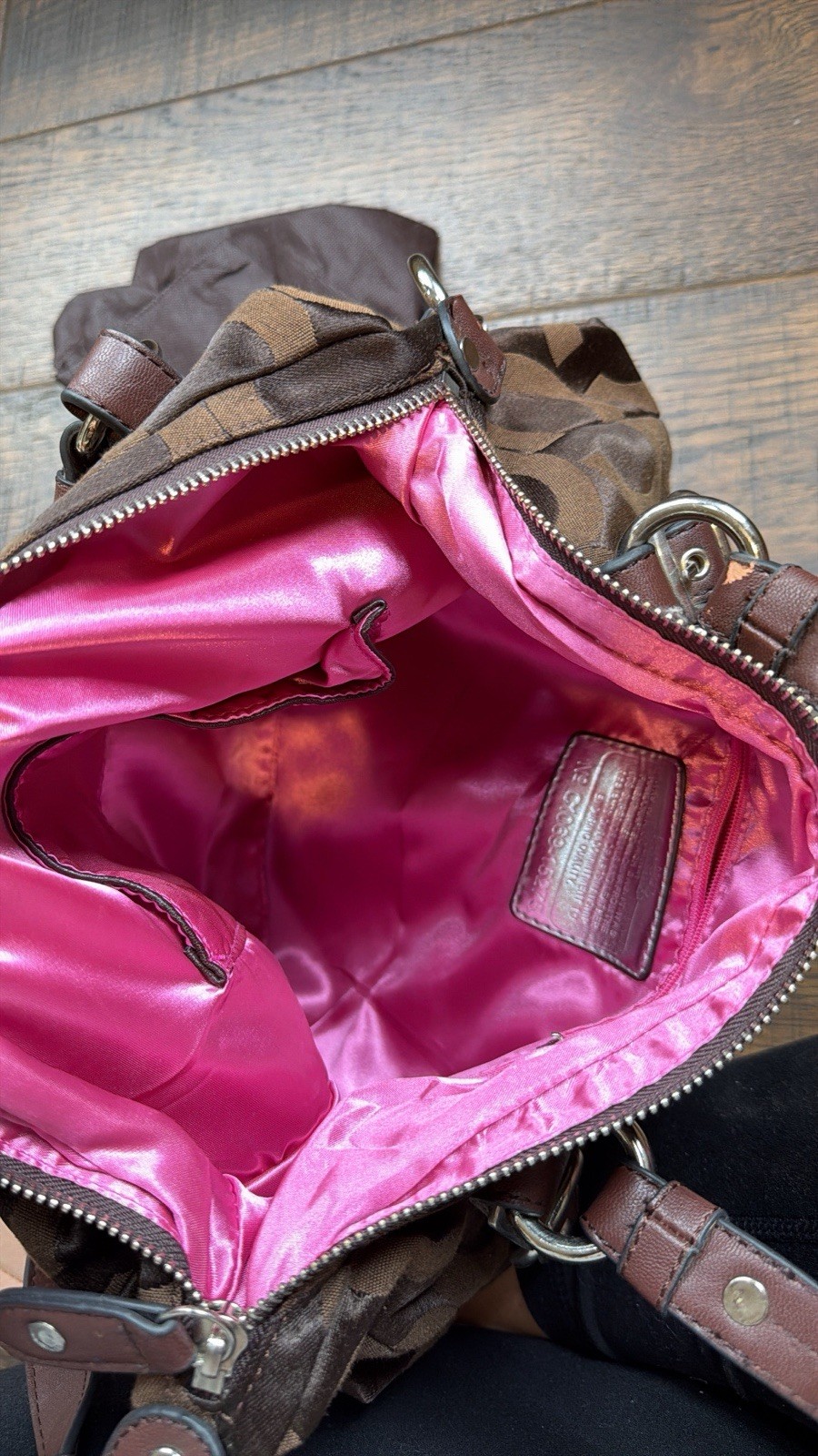 Coach Brown Logo Satchel/Top Handle Bag Zip Pink Lining Silver Hardware Charm