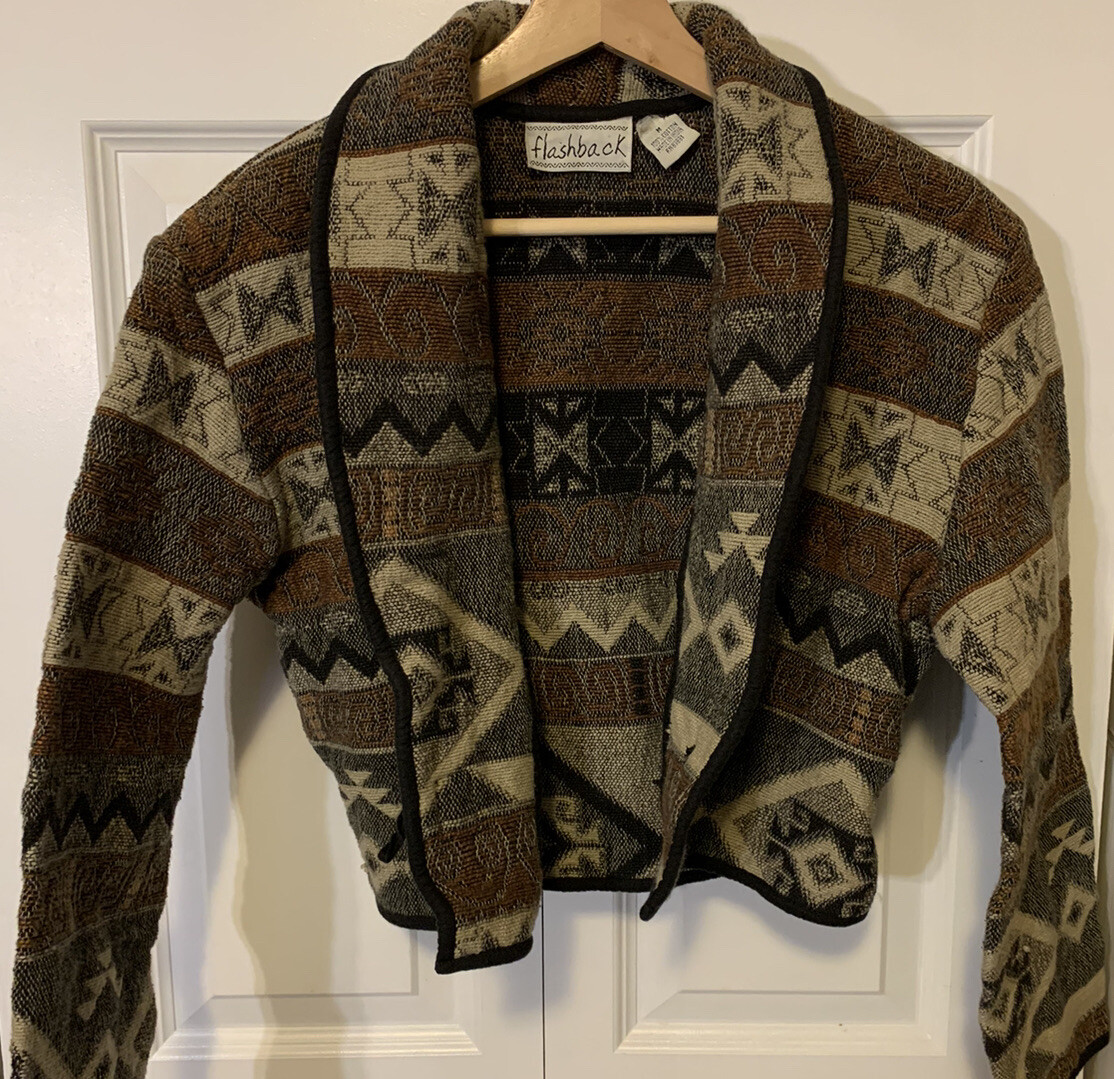 Vintage Flashback Womens Sz M Aztec Print Jacquard Cropped Shacket Coat