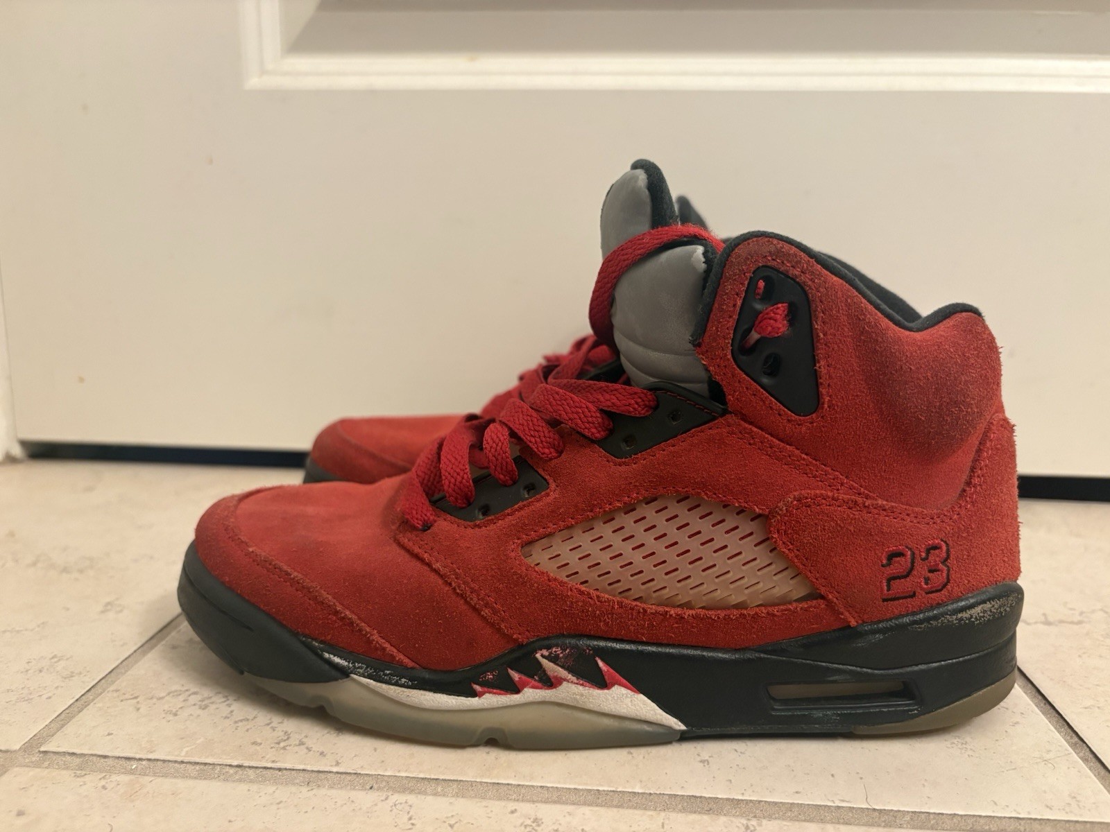 Jordan Air Jordan 5 Red/Black/Gray Suede Mid Top Basketball Sneakers Lace Up