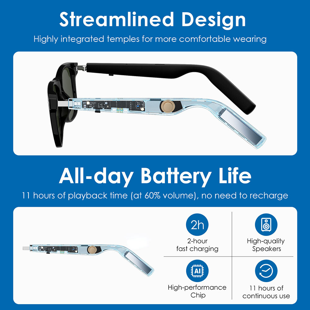 Bluetooth Smart Glasses with Speakers Eyewear Music translator Headphones Green