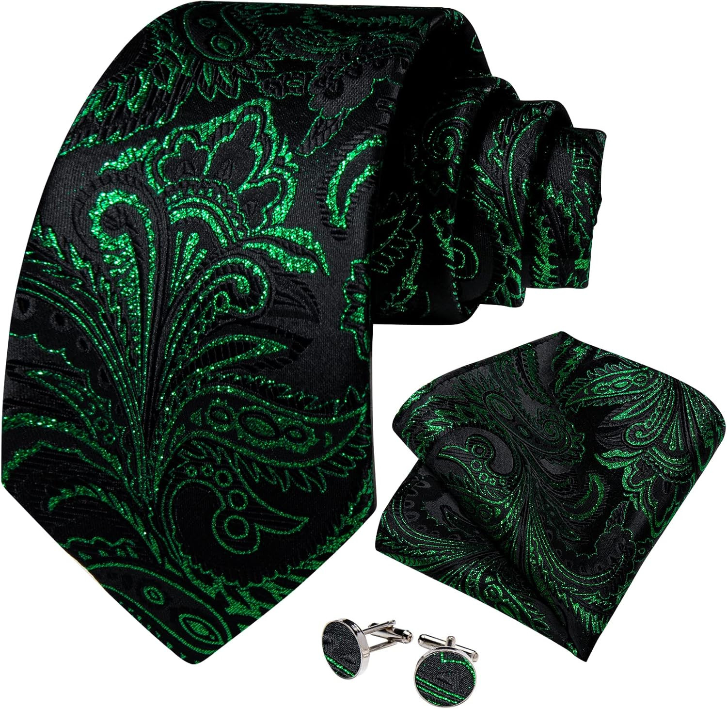 Mens Tie Set Silk Solid Paisley Necktie and Pocket Square Cufflinks Classic Form