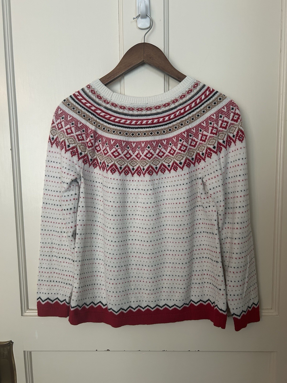 Talbots Fair Isle Wool Blend Sweater Womens Size LP Red Ivory Classic Holiday