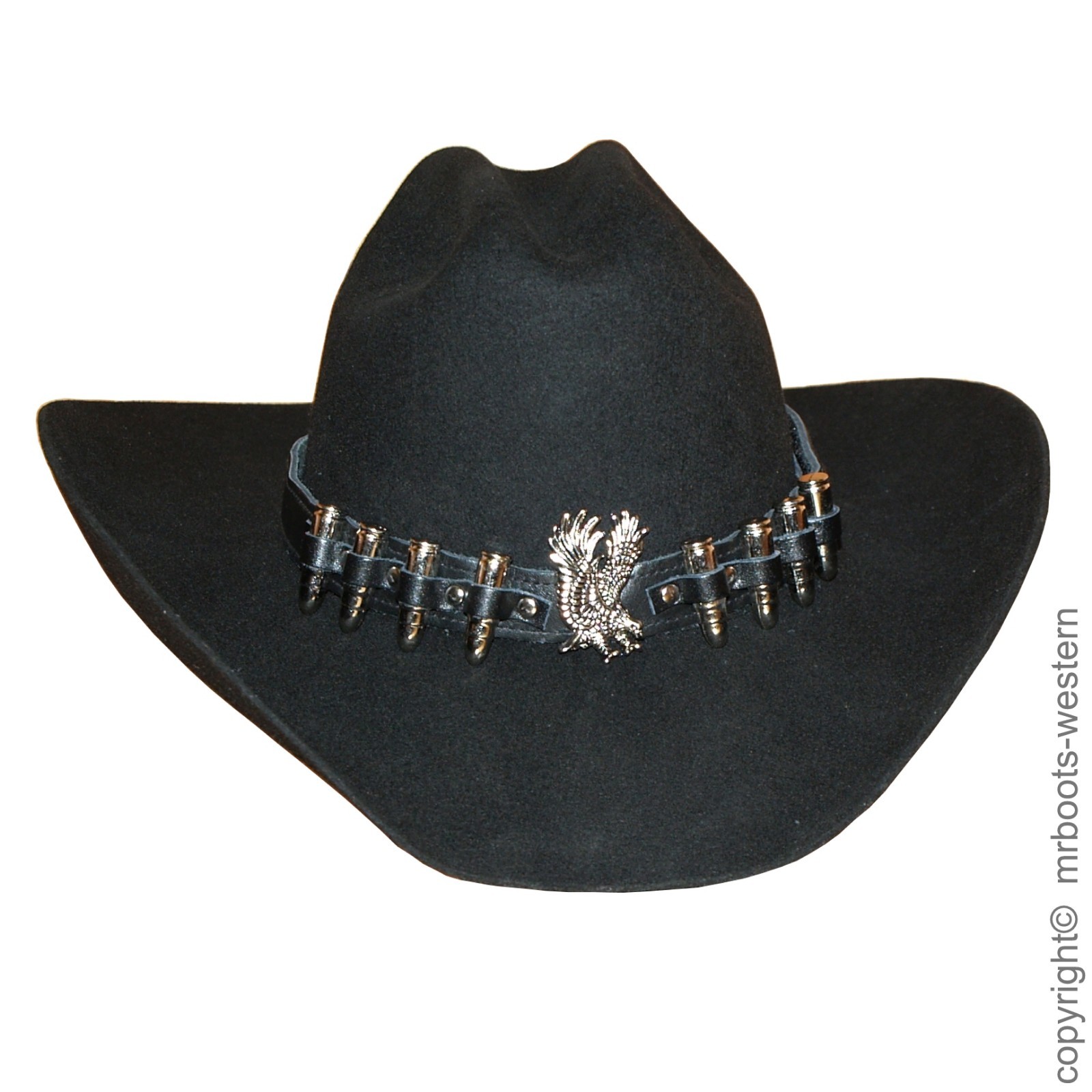 Hat Band for Cowboy Hats – Black Leather With Silver Bullets & Eagle – Brand New