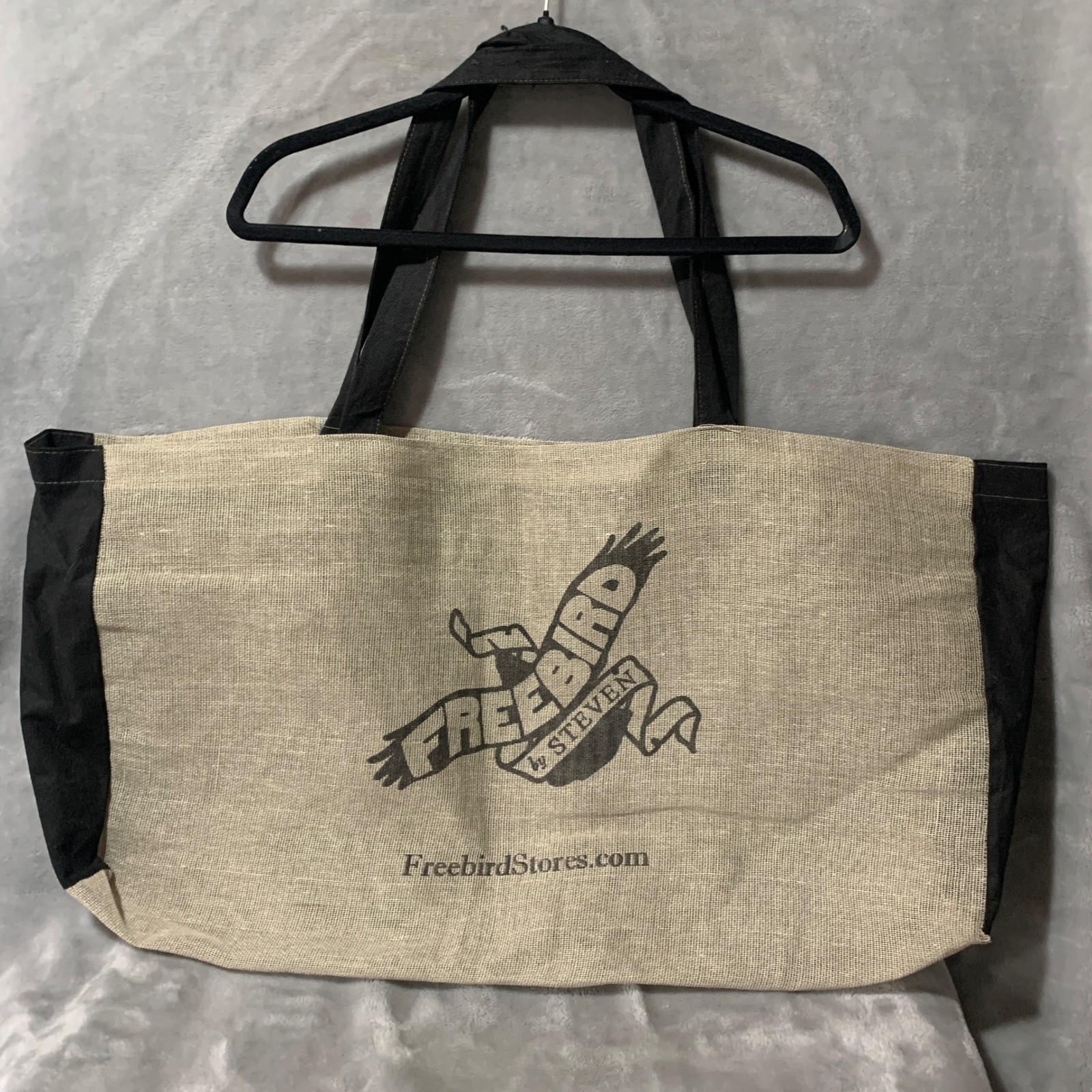 Freebird by Steven Oversized Burlap Tote Bag Black Tan Woven Shopper Large 29×16