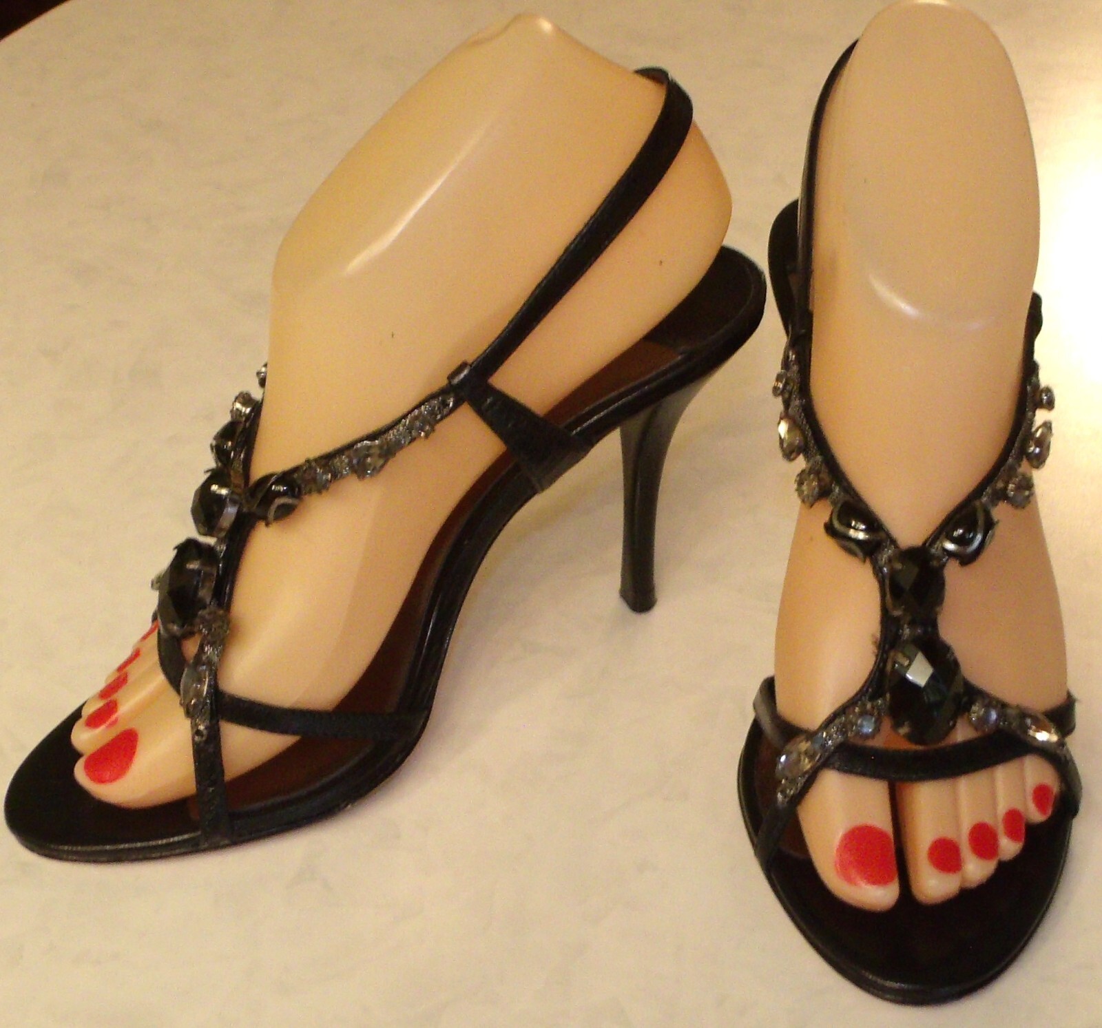 CHARLES DAViD black silver stone gem embellished strappy sandal hi heel dance 7