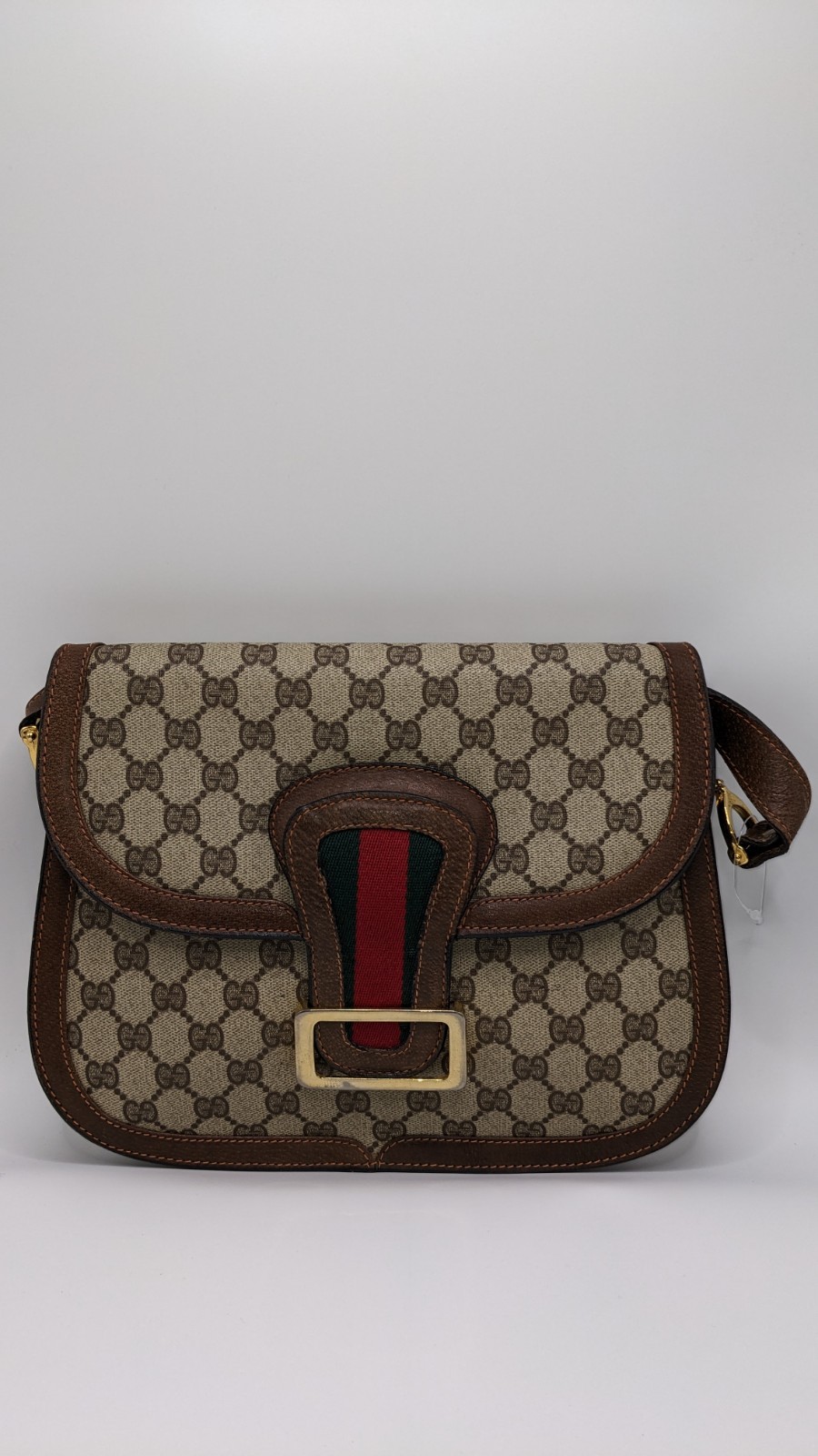 Vintage Gucci GG Supreme Monogram Web Stripe Buckle Shoulder Bag Brown