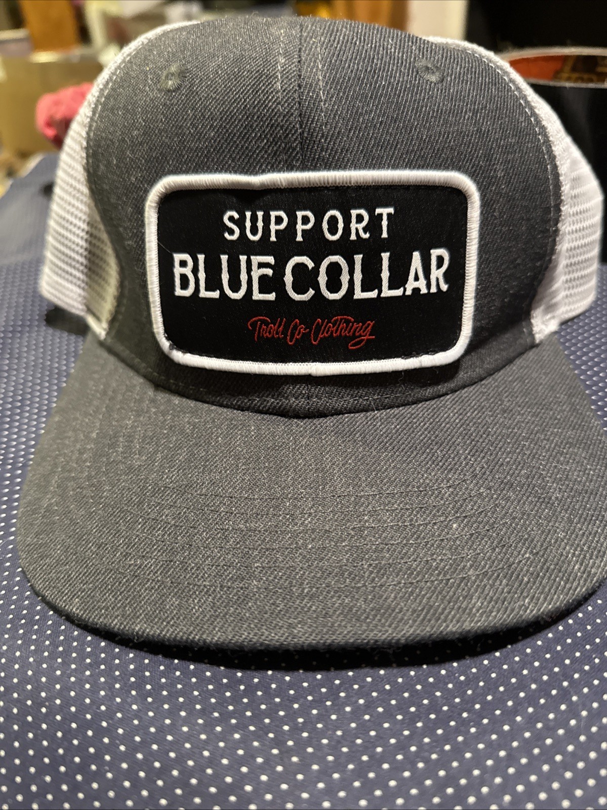 SUPPORT BLUE COLLAR. TROLL CO.CLOTHING SNAPBACK TRUCKER HAT BLk/gry