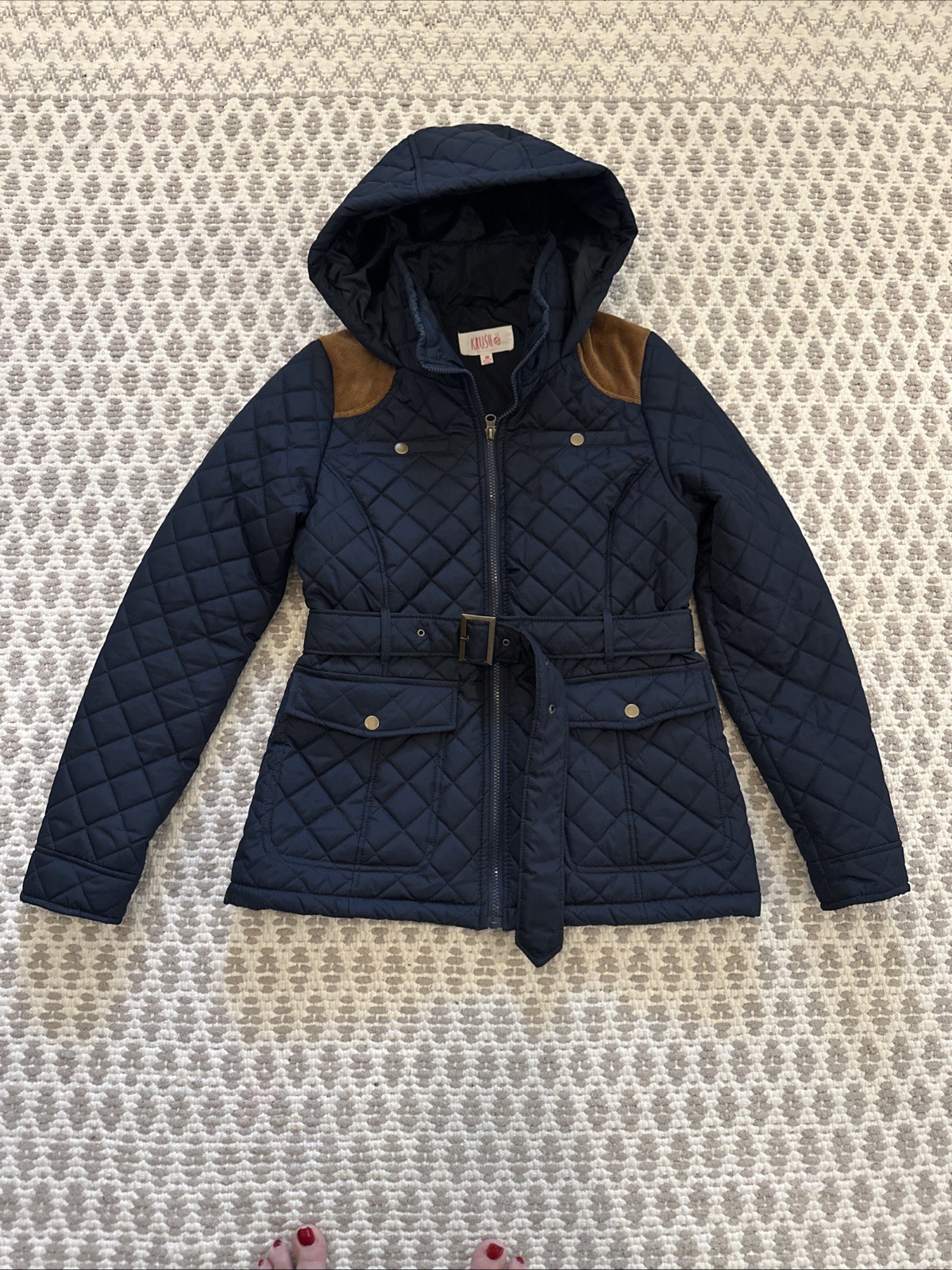Krush Women’s Quilted Hooded Jacket Navy Blue Brown Accent Belted Coat Size M