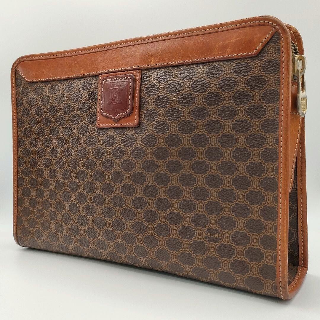 CELINE Macadam Vintage Brown Leather Clutch Bag Unisex Gold Zip From Japan