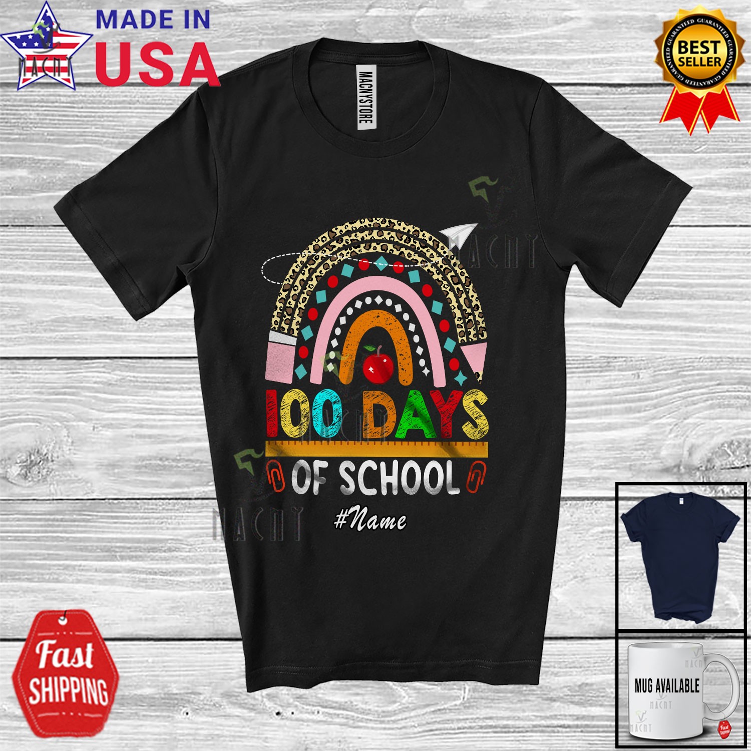 Custom Name 100 Days Of School; Leopard Rainbow Pencil; Teacher Students T-Shirt