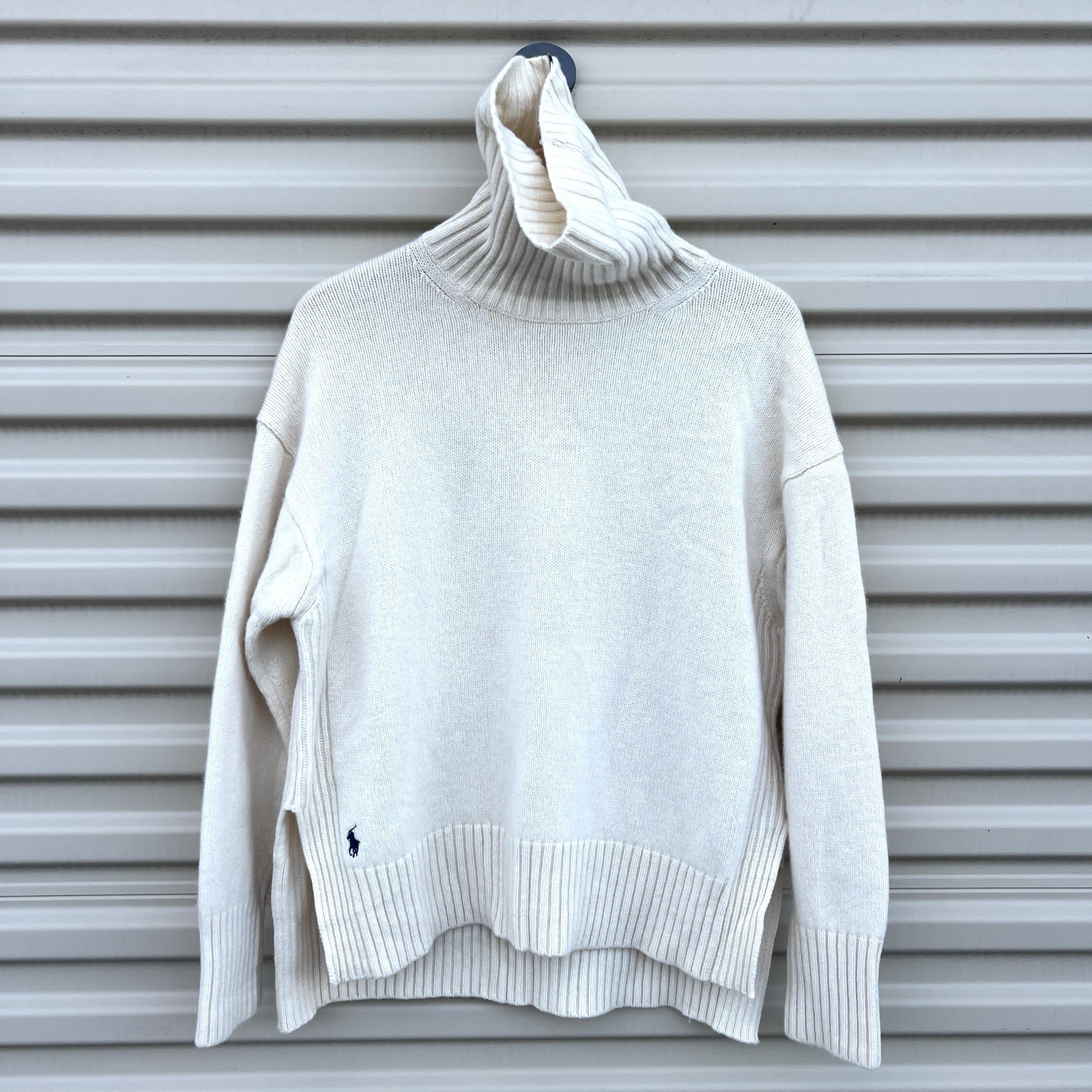 Polo Ralph Lauren Cream 90 Wool 10 Cashmere Turtleneck Sweater Hip Pony Womens L