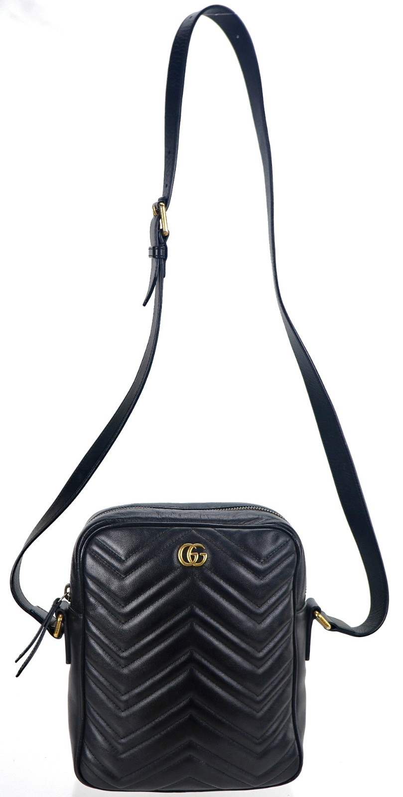 Authentic GUCCI Black Marmont Leather Crossbody Zip-Top Messenger Bag Italy