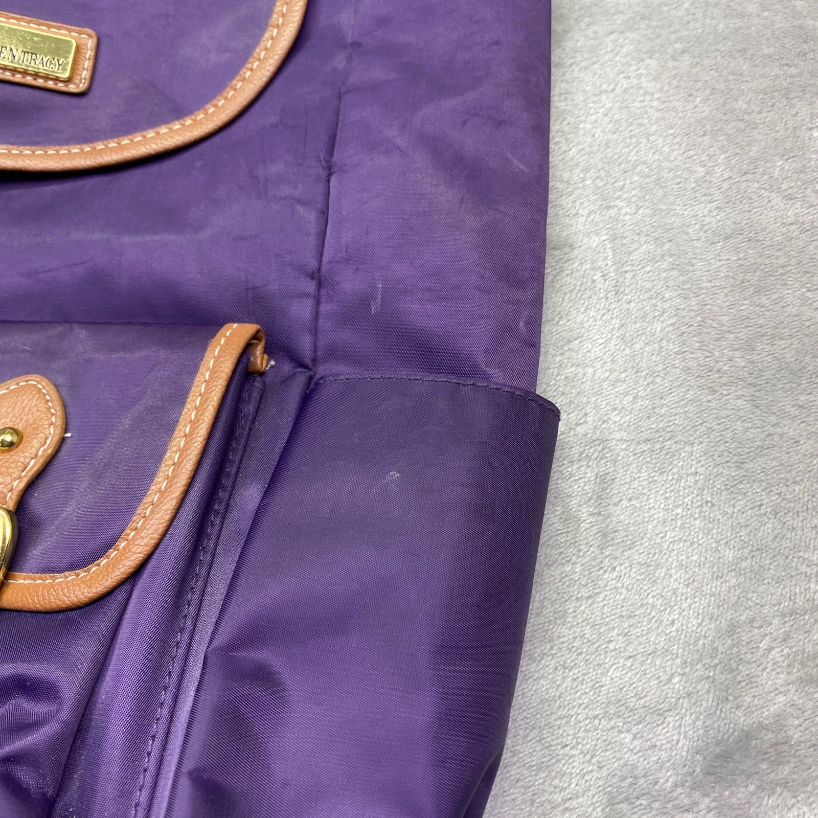 Ellen Tracy Purple Nylon Backpack with Brown Faux Leather Trim Buckle Closures