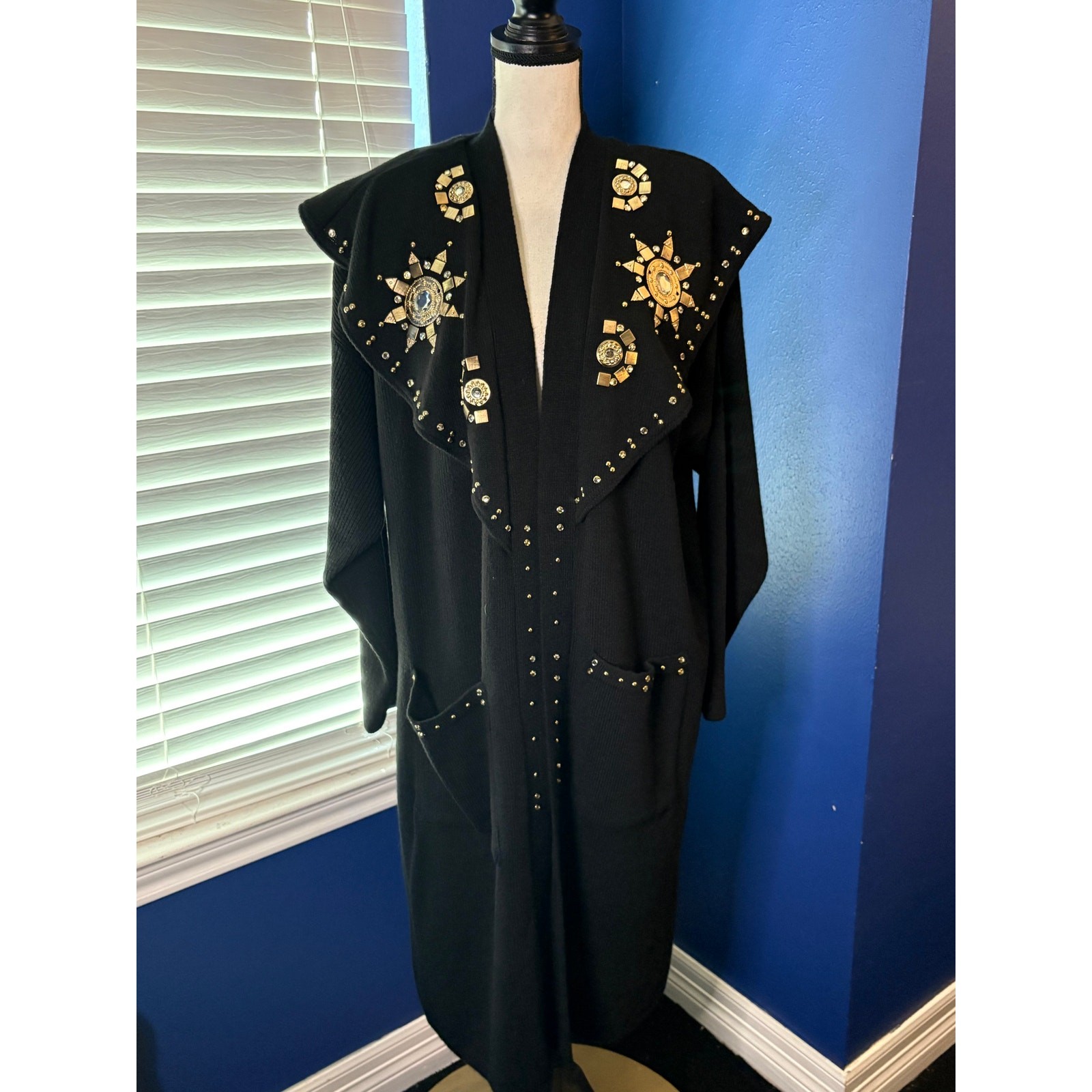Black Geometric Rhinestone Duster Cardigan – One Size (Estate Find)