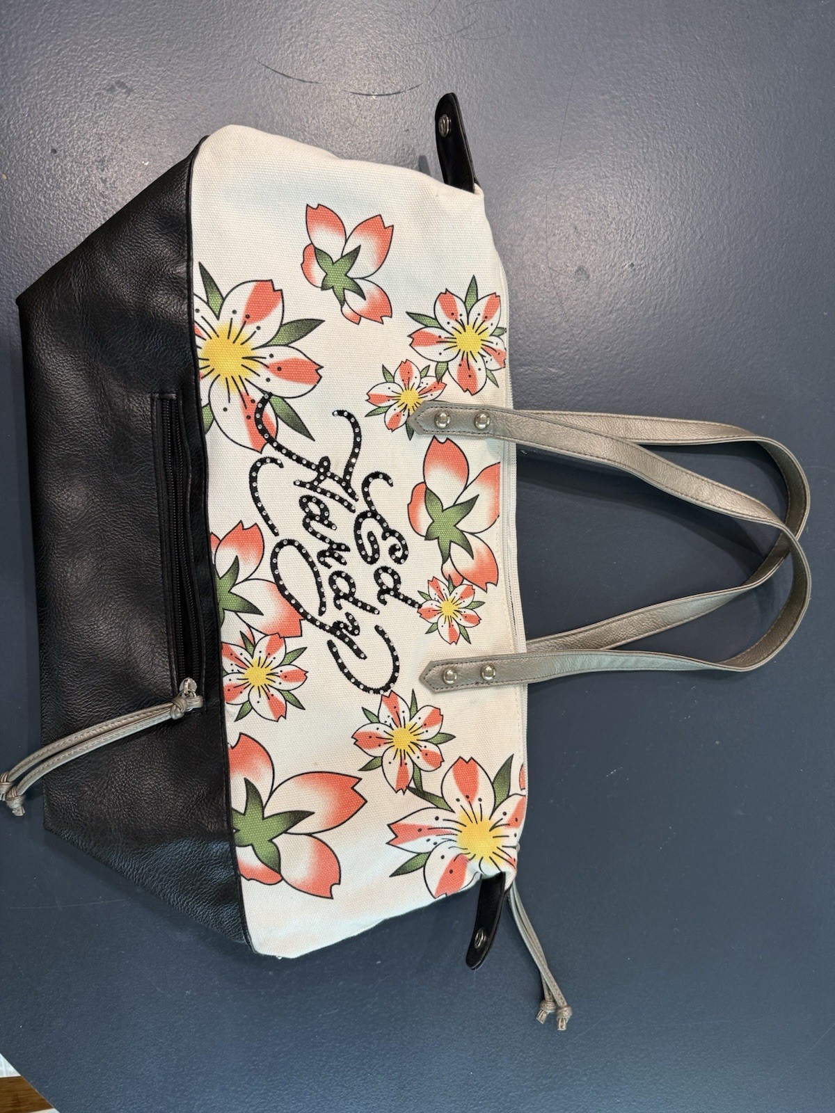Vntg Ed Hardy Rhinestone Script Logo Floral Canvas Leather Shoulder Tote Bag Y2K