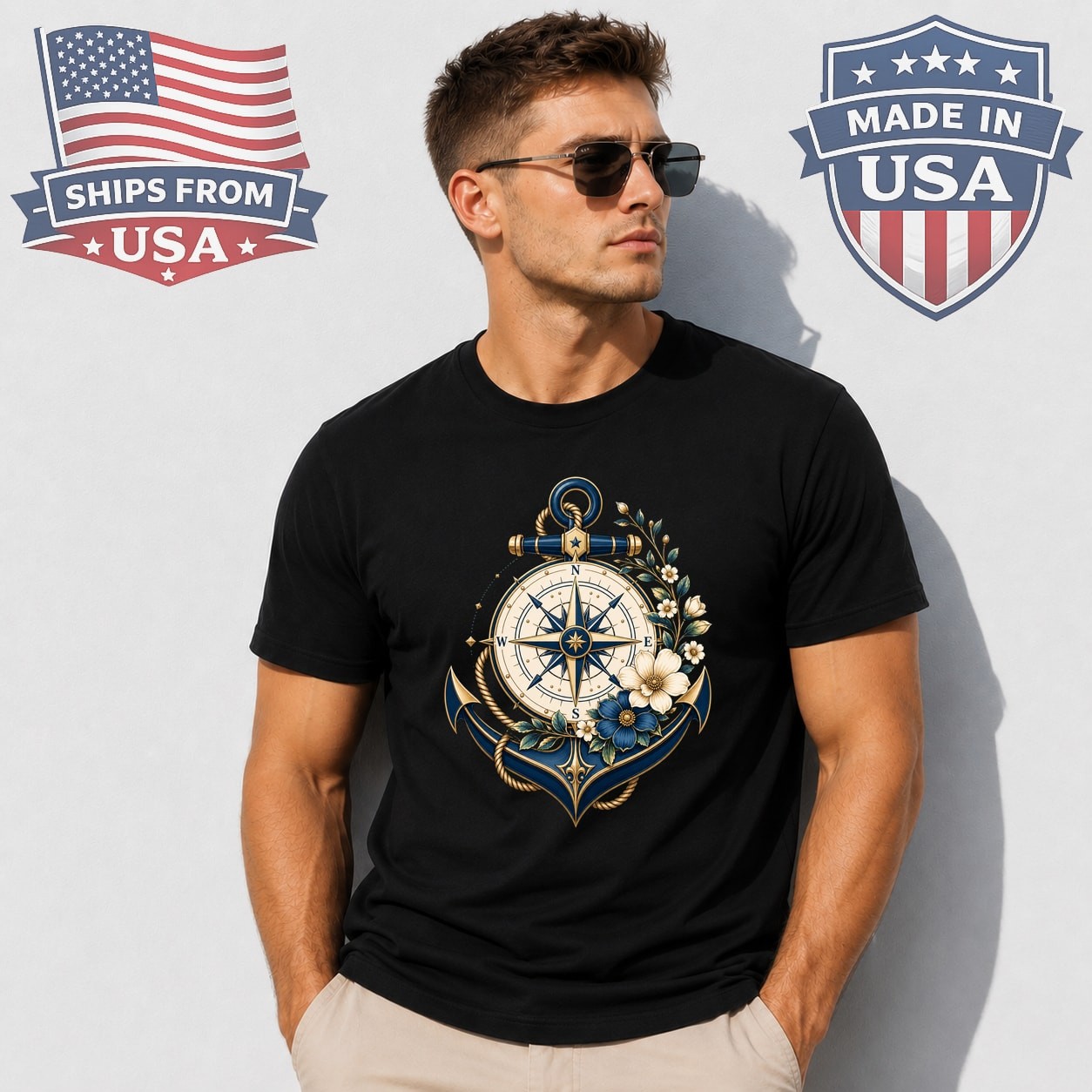 Anchor Compass Flowers Graphic T-Shirt Nautical Floral Design