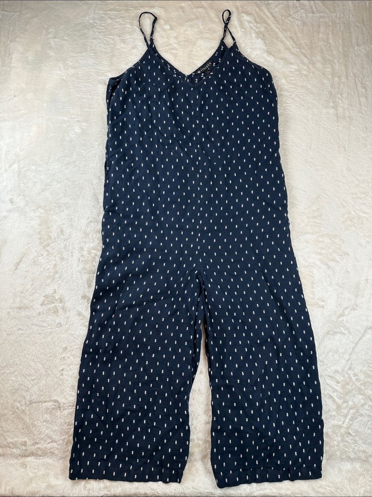 Athleta Navy Blue Dot Print Jumpsuit Womens 6 Adjustable Strap Wide Leg | Boho