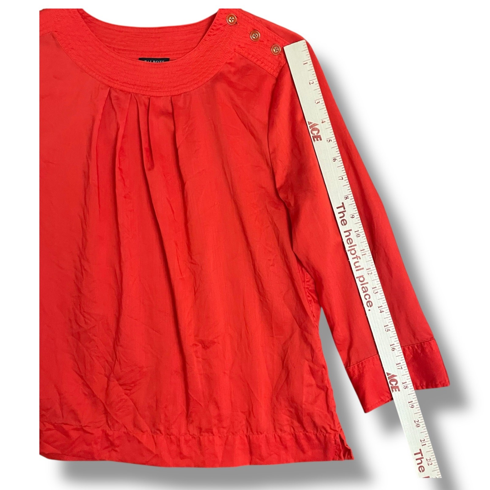 Talbots Petites Red Tencel Lyocell Blouse 10P 3/4 Sleeve Button Shoulder Top
