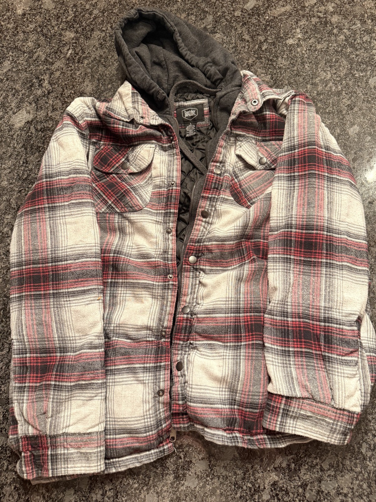 Flannel Sweatshirt Red White Hoodie, Zip + Buttons Warm, Fits Tight L