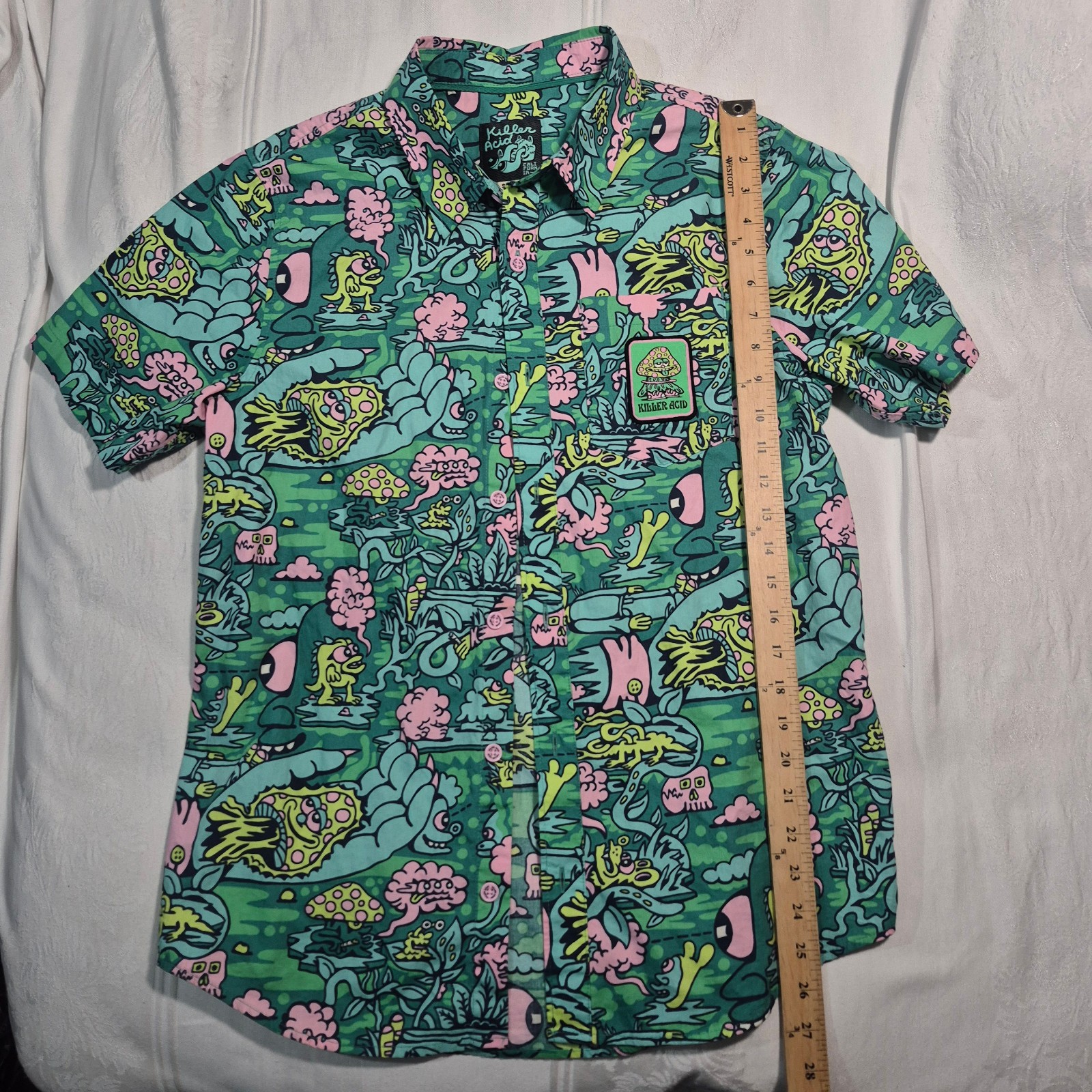 KILLER ACID CAMP SHIRT BUTTON UP SHORT SLEEVE WITH TRIPPY AOP MENS SMALL