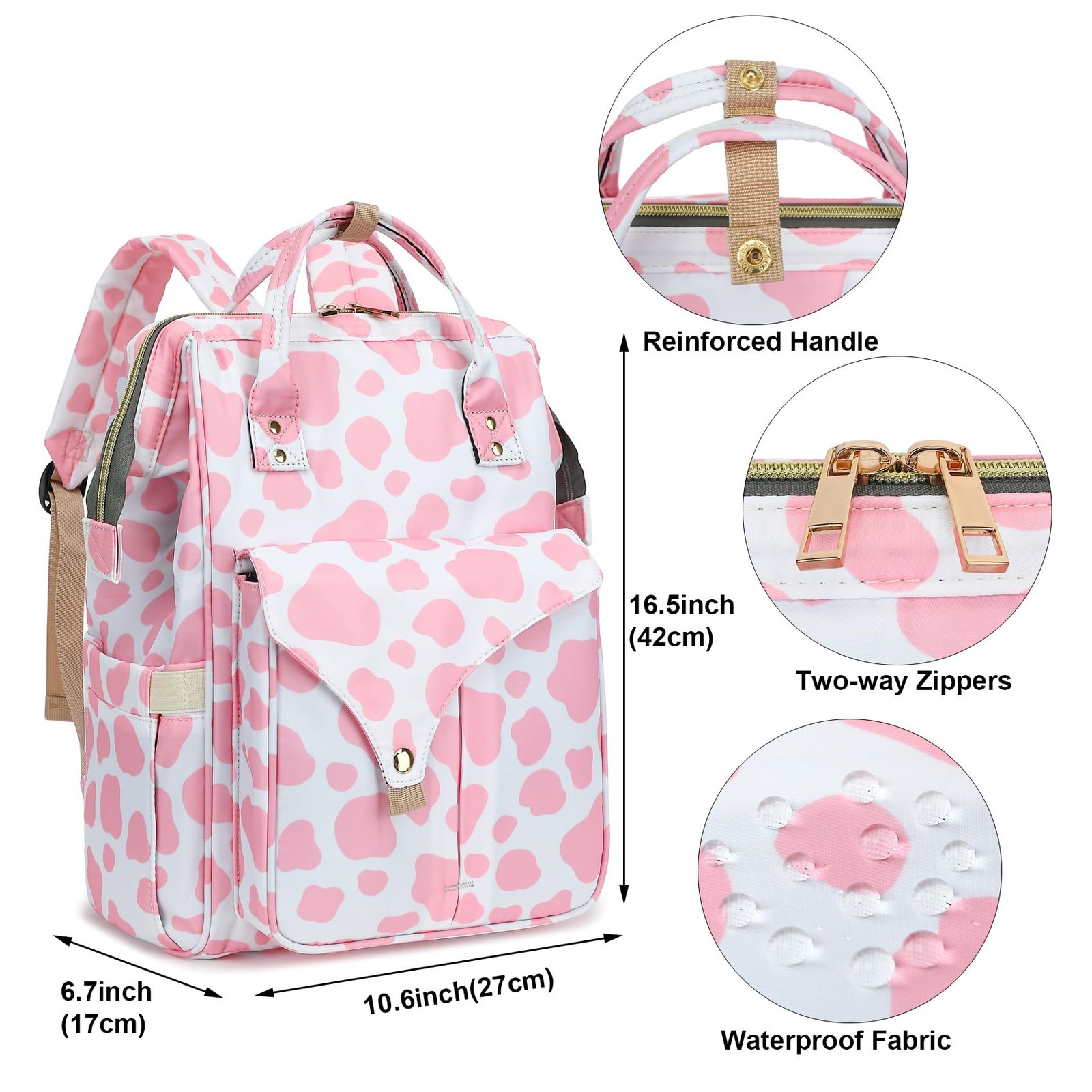 Pink Cow Print Large Travel College Laptop Backpack Bookbag Fits 15.6 Inch