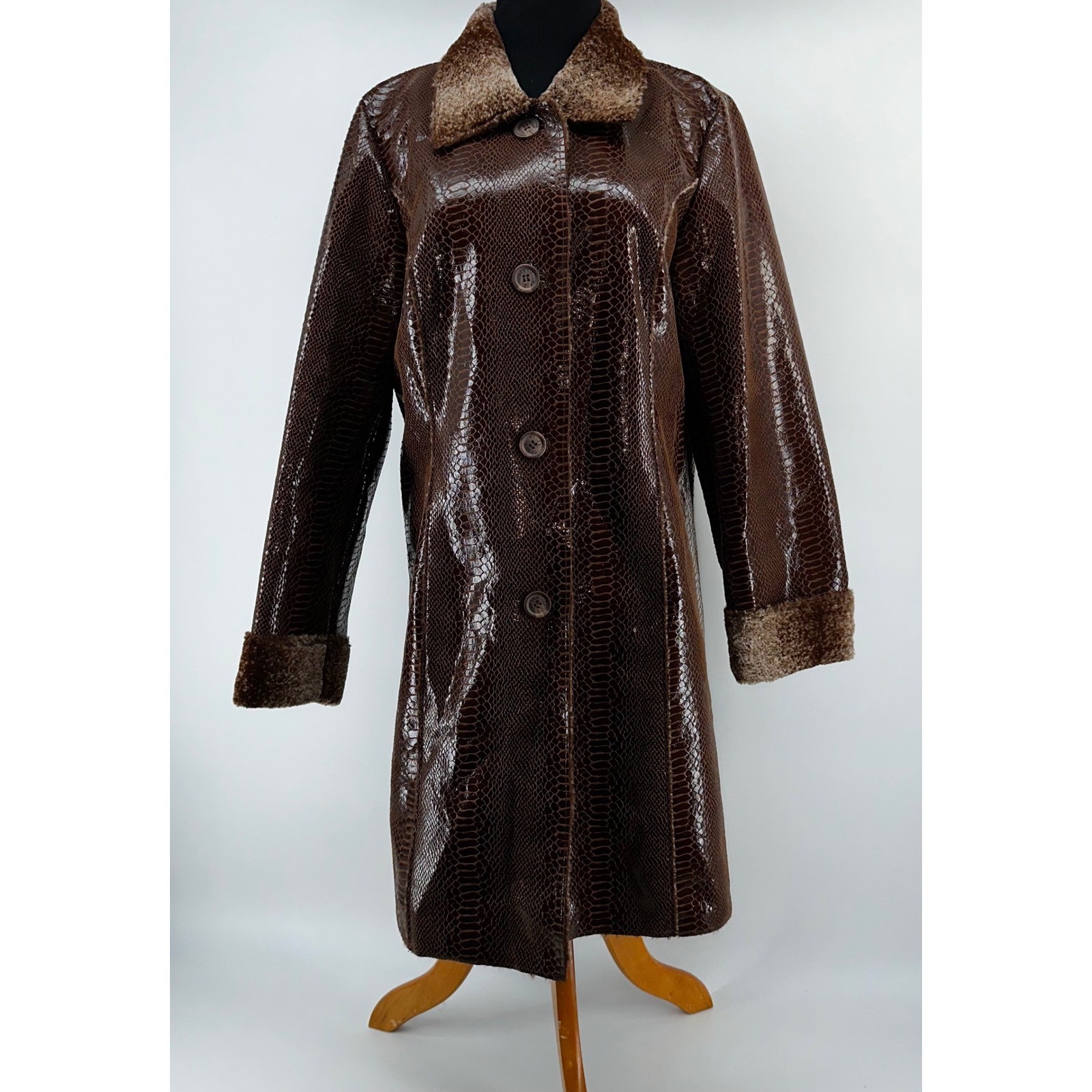 New Dennis Basso Snakeskin Faux Fur Trim Coat Brown Shiny Unique Outerwear M