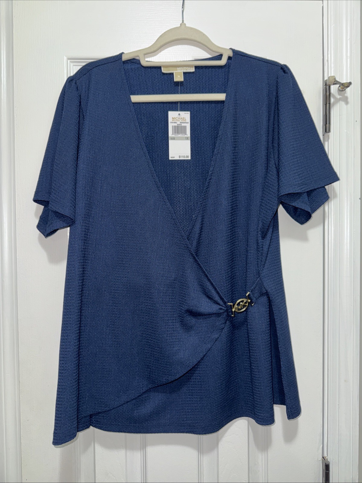 Michael Michael Kors NWT Faux Wrap Blouse Gold Logo Navy Size XL