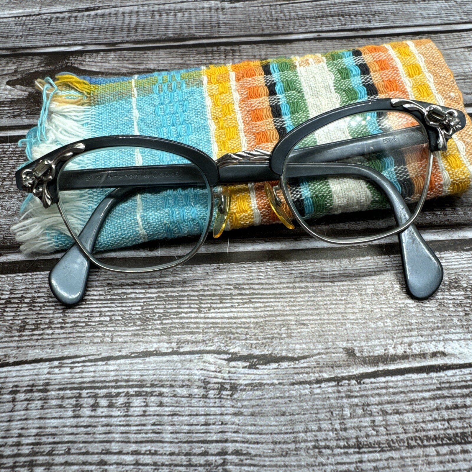 VTG 60s AMERICAN OPTICAL EYE Glasses Embellished Aluminum Plastic Dark Grey RX