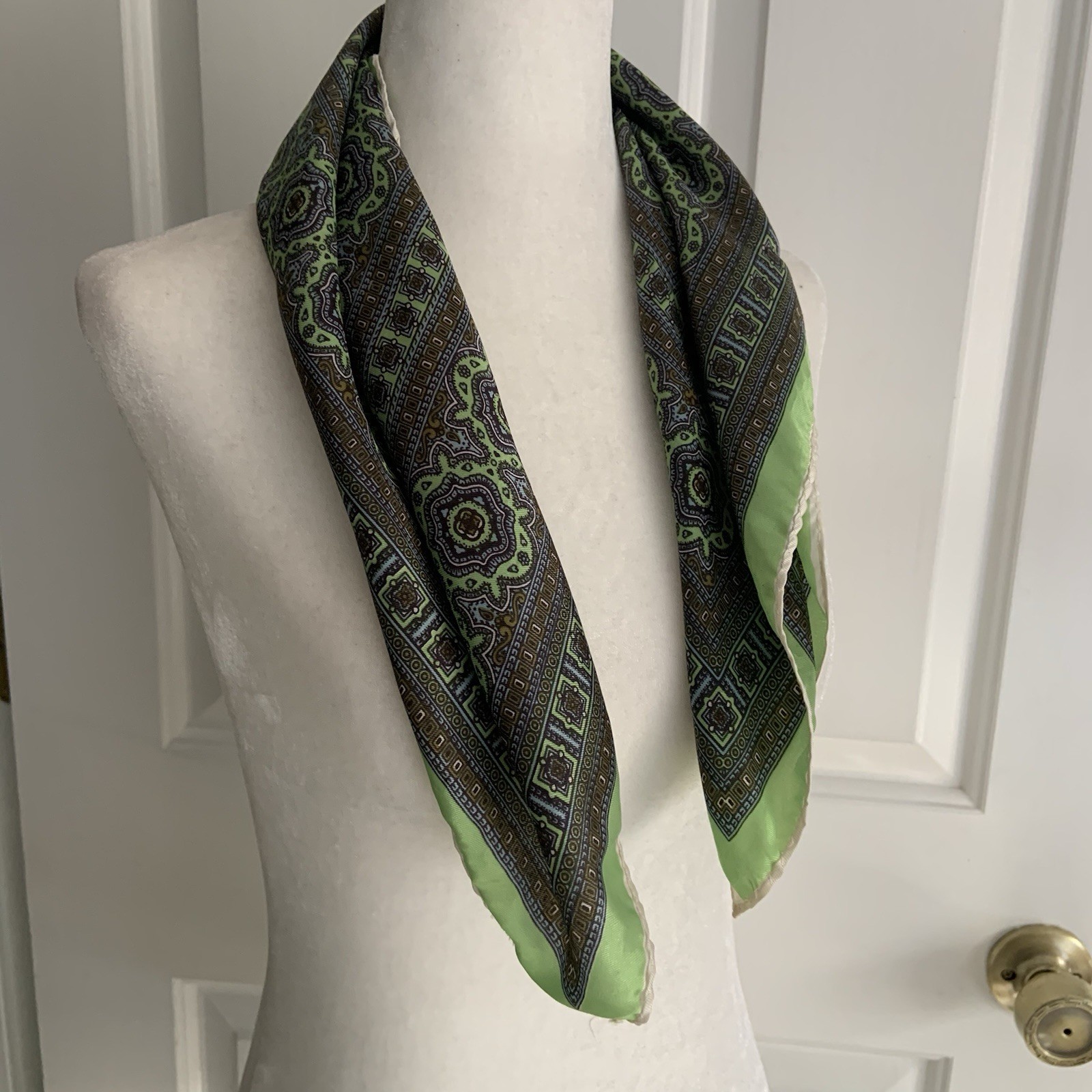 vintage 23in square Lime Green Medallion print rolled edge scarf