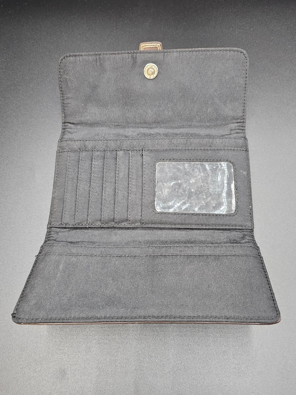 Brown Jacquard Canvas Long Wallet Checkbook Clutch Faux Leather Snap Closure
