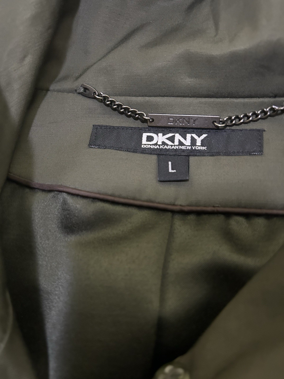 DKNY Womens L Olive Green Raincoat Lightweight Lined A Line Trench Coat