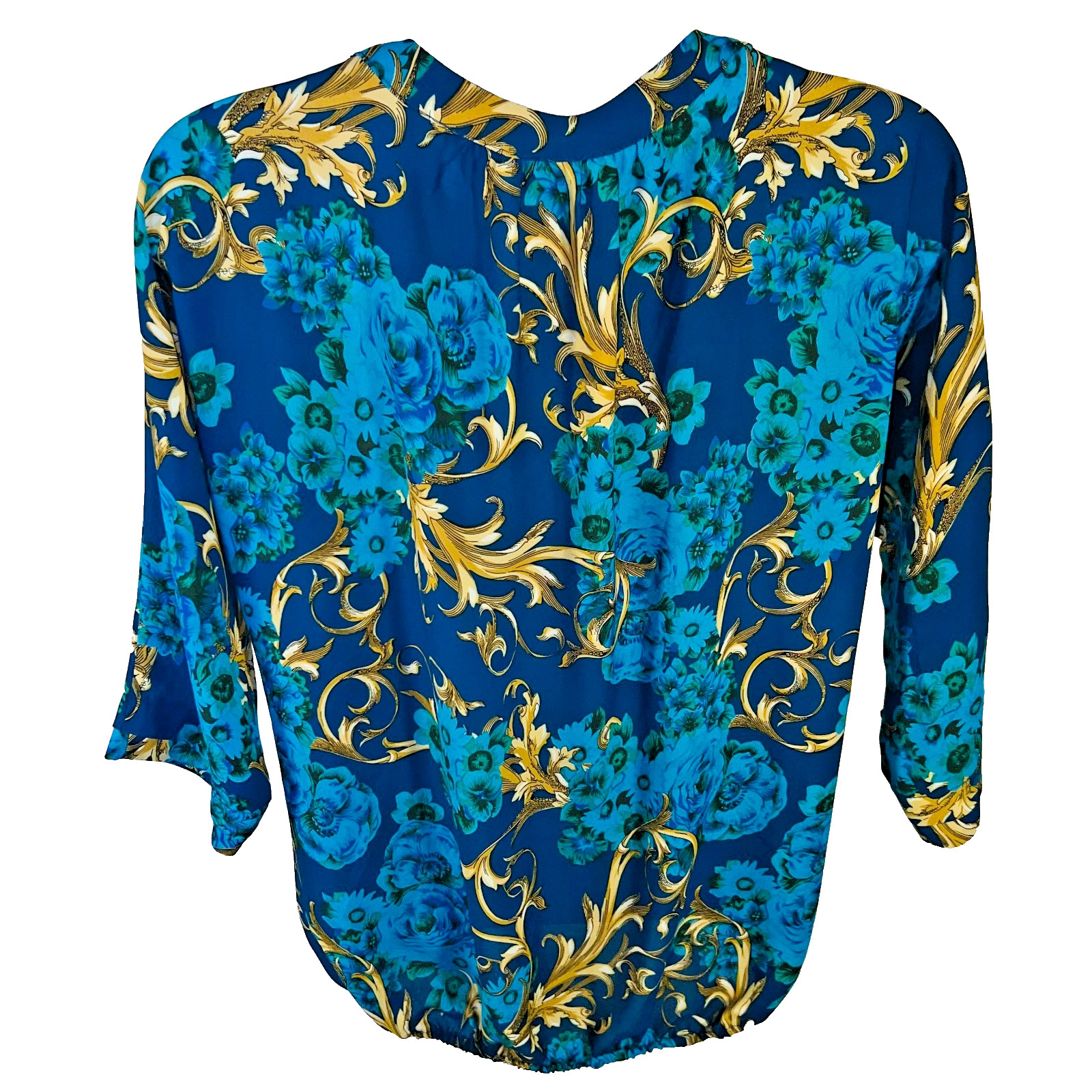 7th Avenue New York & Company Blouse Women’s XS Blue Gold Floral Rococo V-Neck