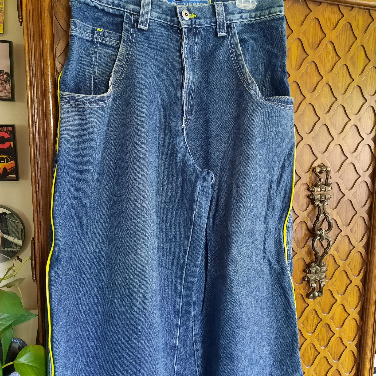 JNCO Vintage 90s NEON Green Stripe Skunk Skater Pipes Wide-Leg Jeans 32×30 Baggy