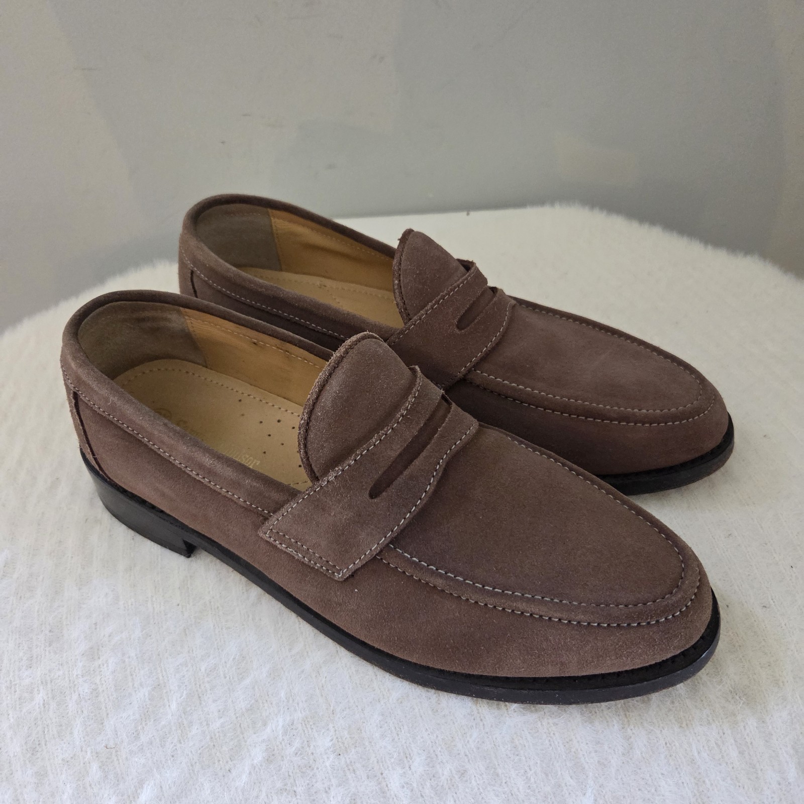 Samuel Windsor Suede Penny Loafers Light Brown Handmade Goodyear Welt Men US 9.5