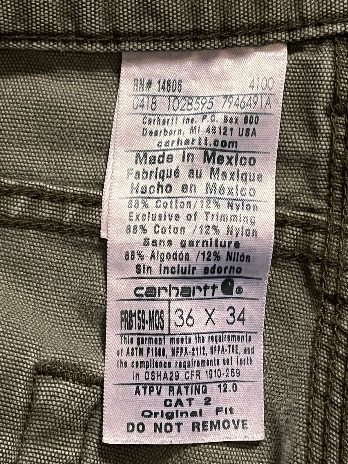 Green Moss Olive Carhartt Pants FRB159-Mos 36 X 34, Fits 34 Waist