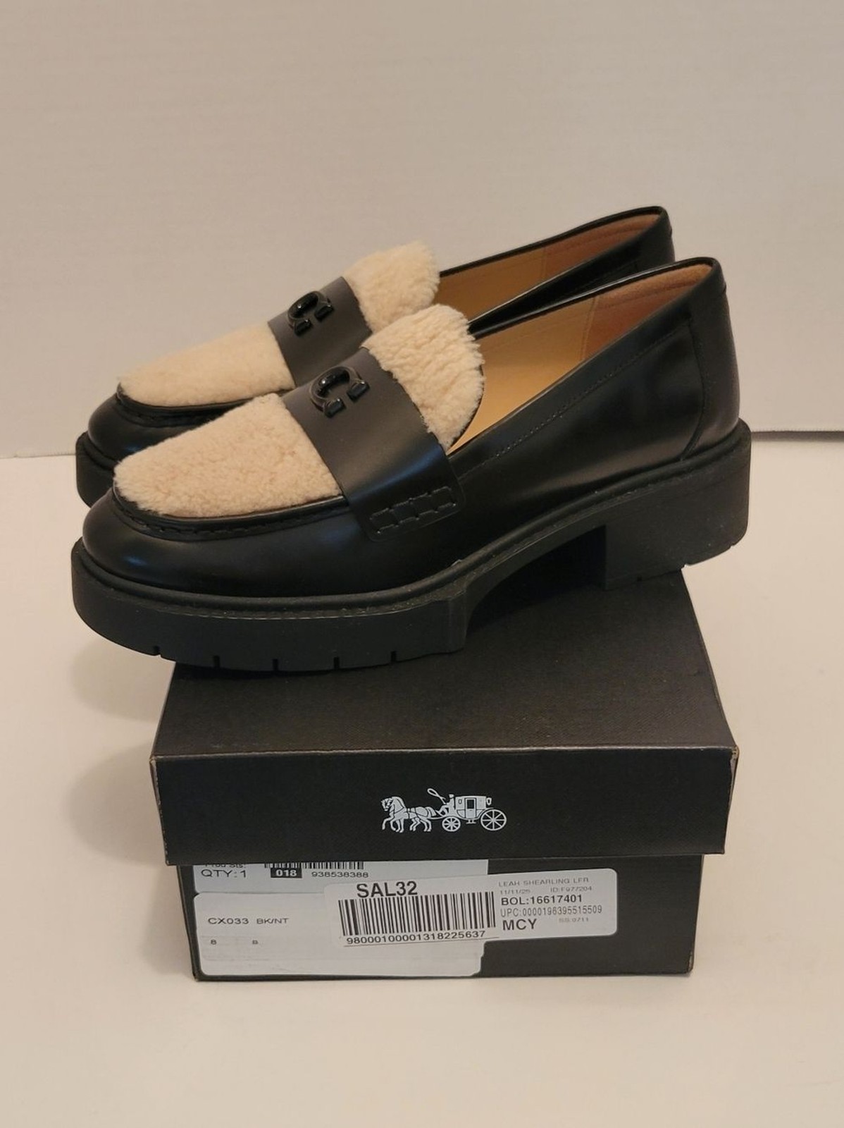 Coach Leah Shearling Platform Loafers Black Leather CX033 Size 8B NIB