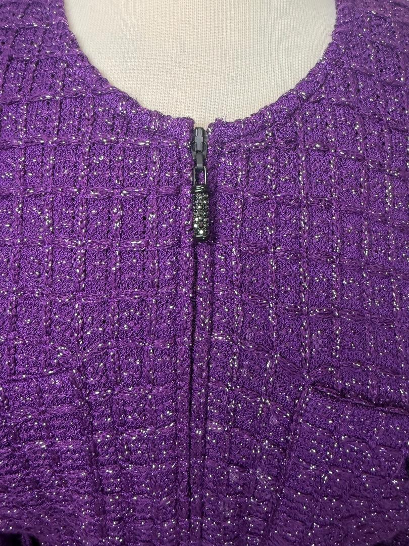 ST.JOHN EVENING KNIT ZIP JACKET PURPLE SHINY METALLIC POCKETS NWOT SIZE 8