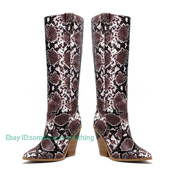 Women Pointy Toe Block Heel Cowboy Knee High Boots Pull On Outdoor Casual Shoes