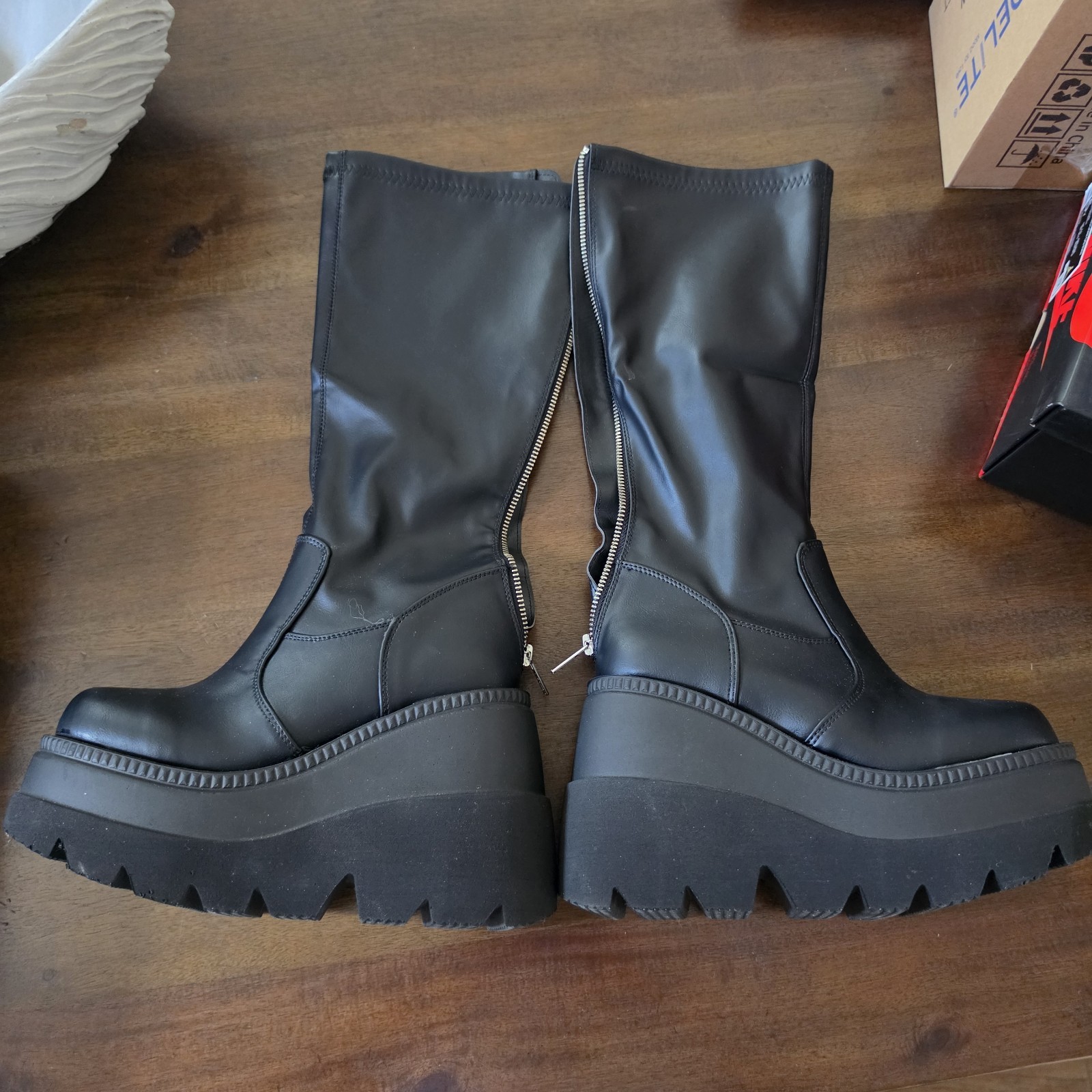 Demonia Shaker-65 Vegan Leather Black Knee High Platform Zip Boots Women’s 6