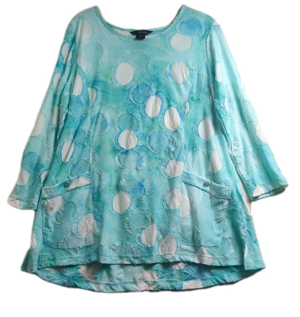 Ali Miles Womens Abstract Polka Dot 3/4 Sleeve Tunic Top Blue White Pockets L
