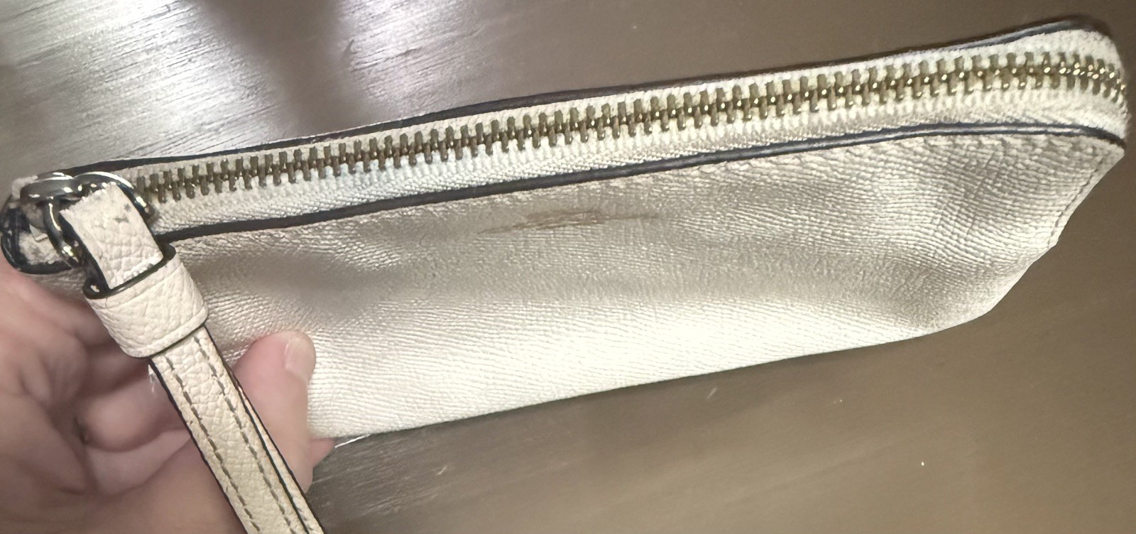 Coach Chalk White Crossgrain Leather Corner Zip Small Gold Tone Missing Wristlet