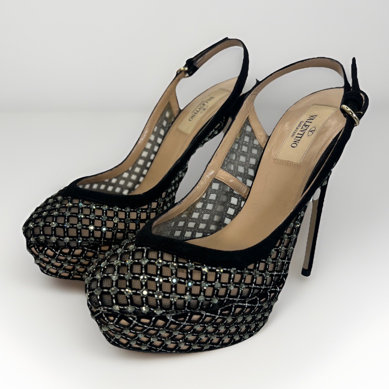 Valentino Garavani Lattice Crystal Mesh Slingback Platform Pumps Size 37.5