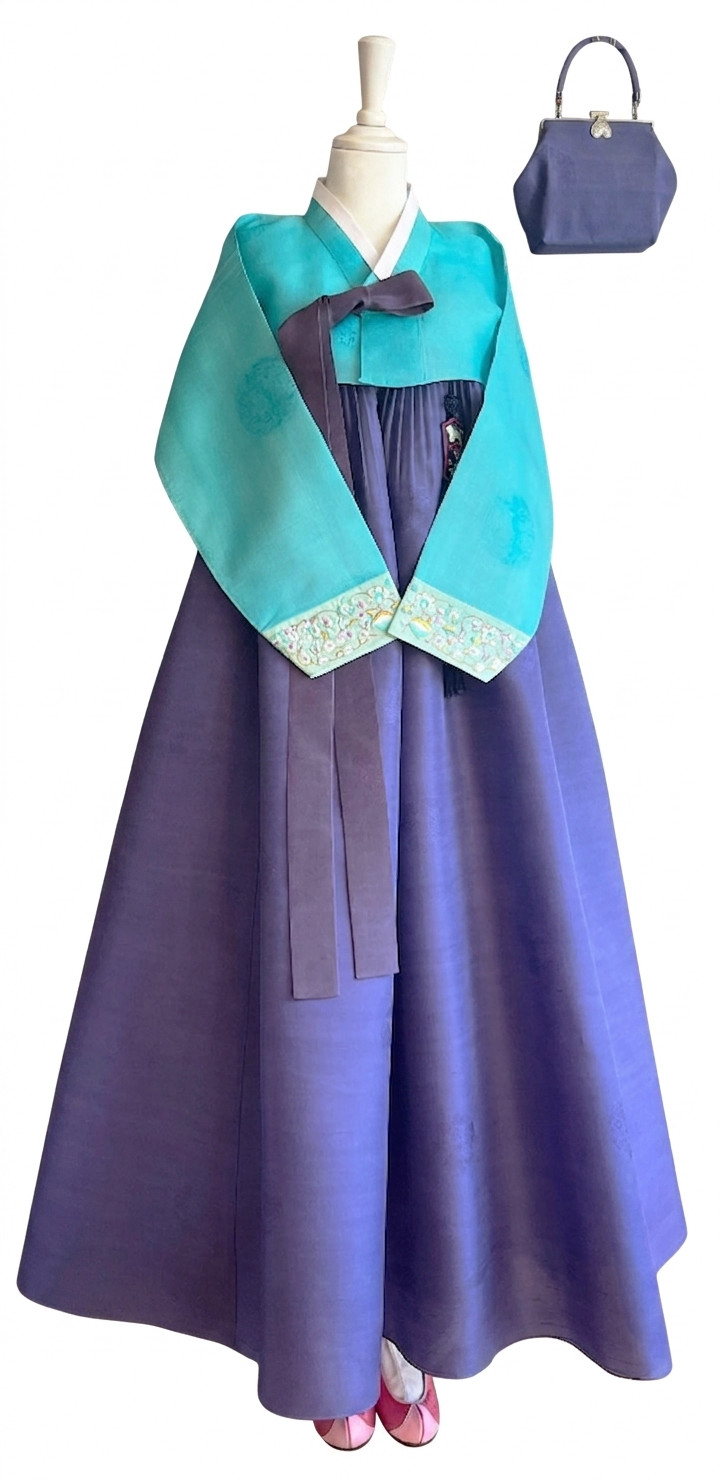 Premium Silk Traditional Korean Hanbok Dress–Mint & Purple / Petticoat /Hand bag