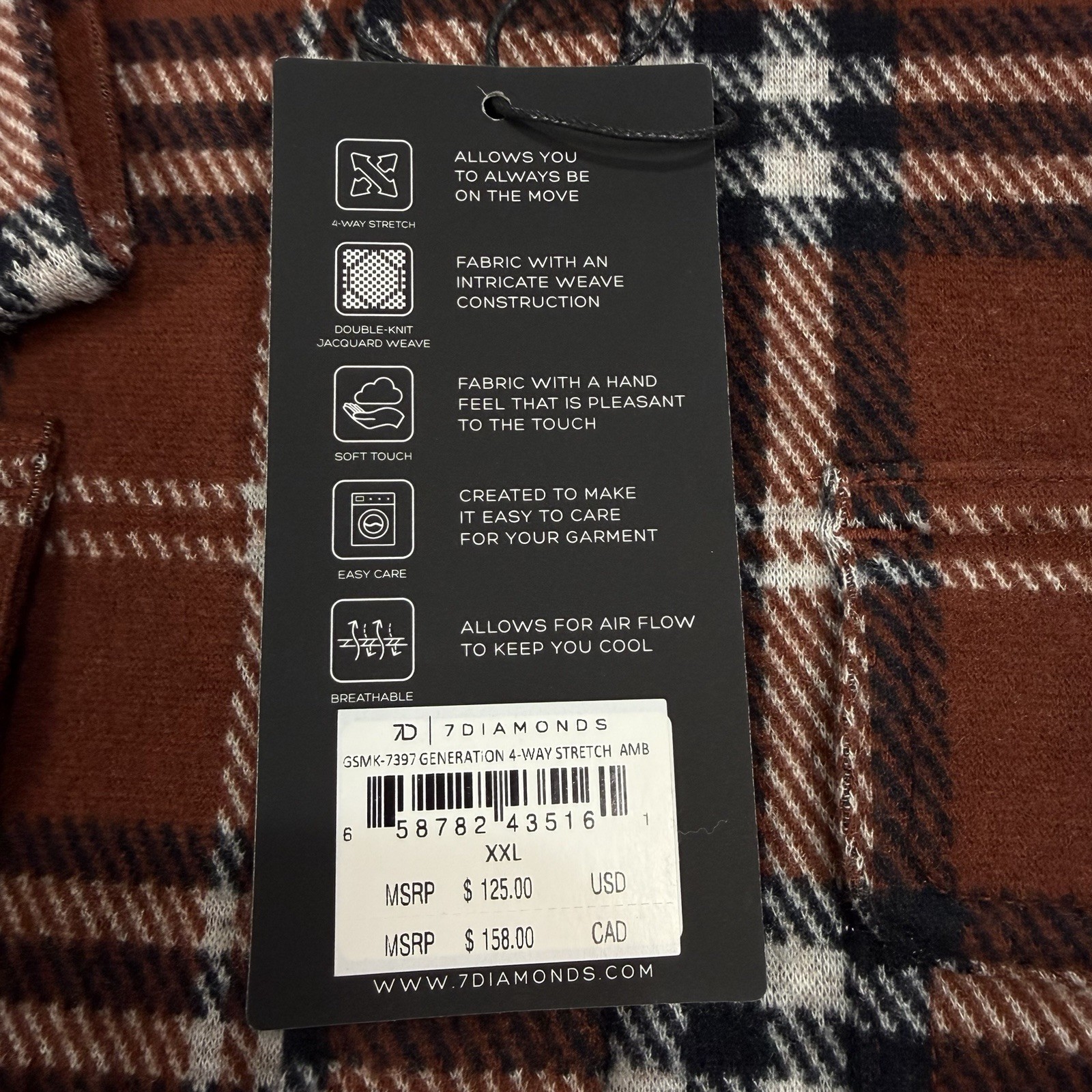 NWT 7 Diamonds Generation Soft Flannel Shirt Mens XXL Brown Plaid 4-Way Stretch