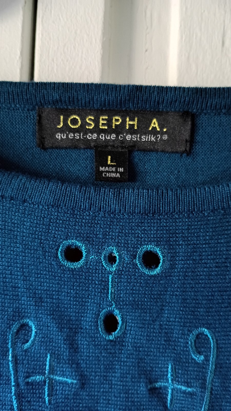 Joseph A. Blue Knit Pullover Sweater Crew Neck Dolman Eyelet Embroidered L